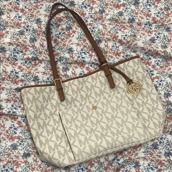 Michael Kors Monogram Cream and Brown Tote - Picture 1 of 12